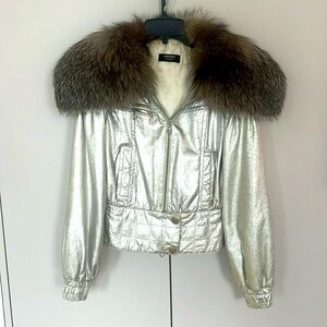 Leather jacket with fox collar